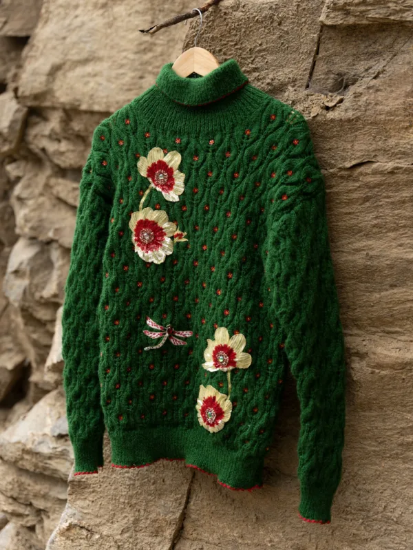 Handcrafted Full Sleeve Flower and Dragonfly Design Dark Green Sweater